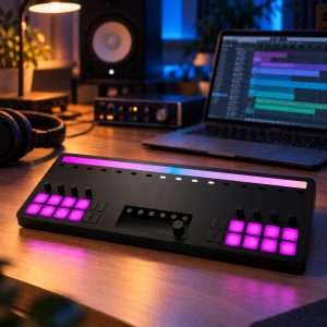 Sway MIDI Controller on a producer's desk at night